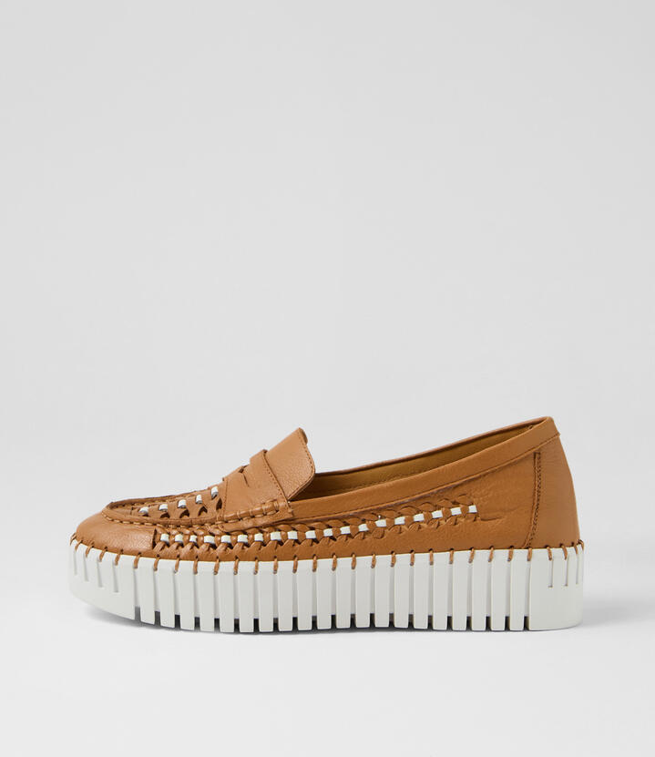 Brogany Dark Tan White Leather Flat Shoes