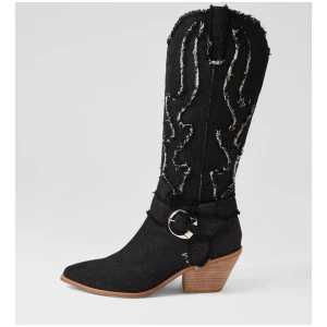 Daya Black Denim Fabric Knee High Boots