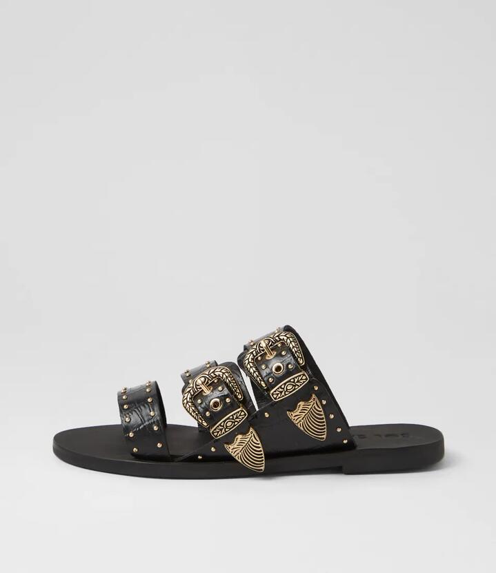 Eastwood Stud Black Croc Gold Leather Slides