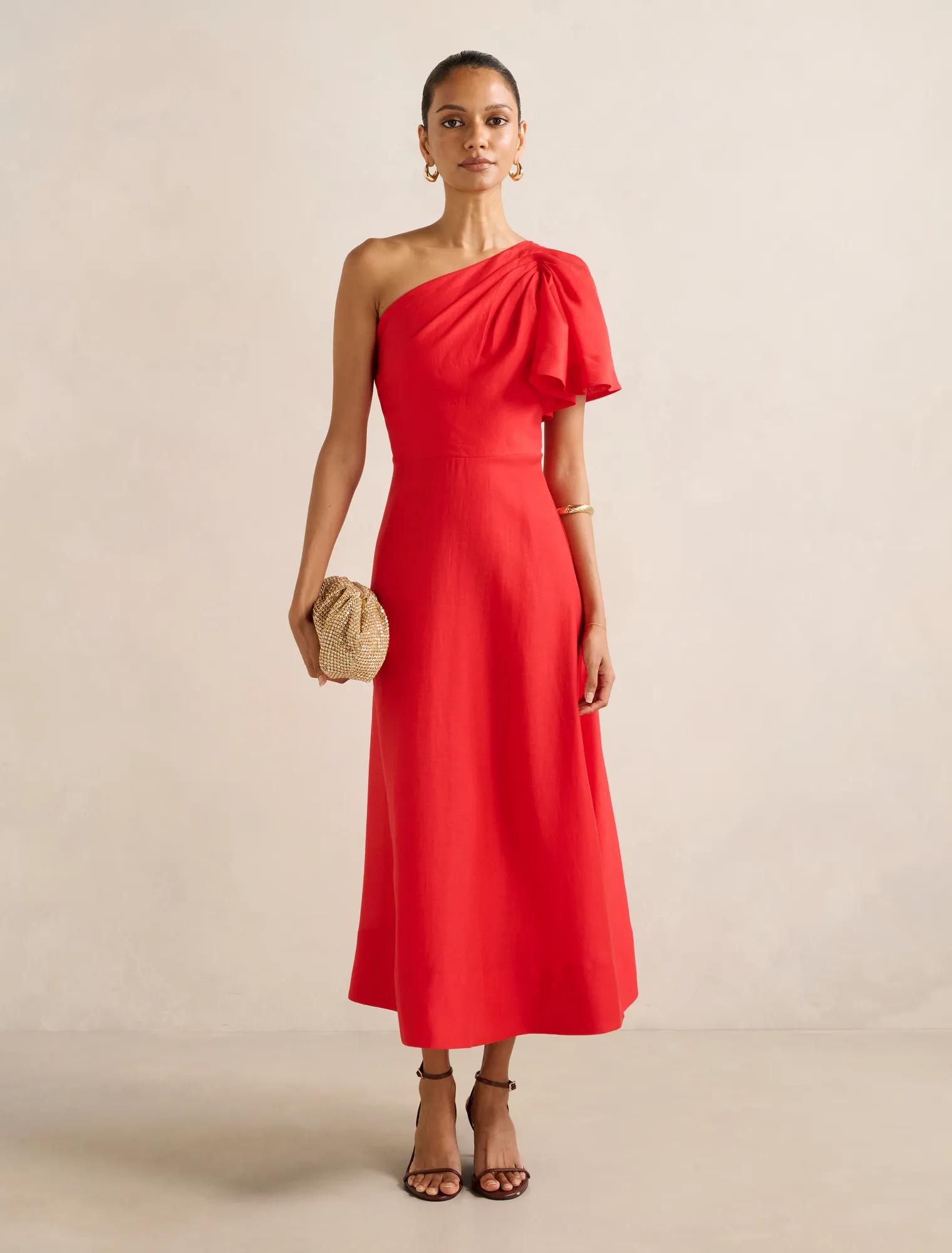 Forever New Women's Mattea Petite One Shoulder Midi Dress in Bright Red