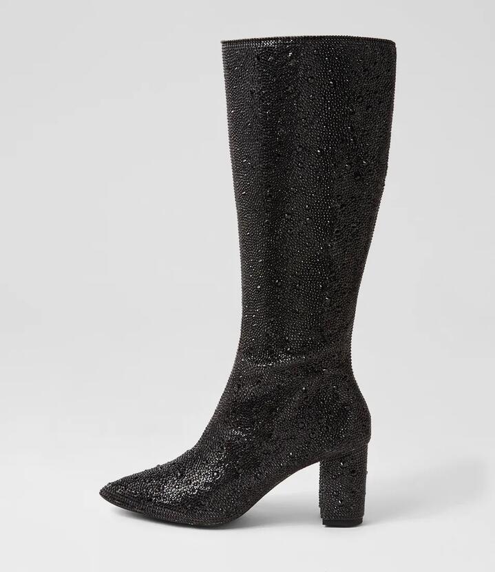 Gorjay Black Jewel Fabric Knee High Boots