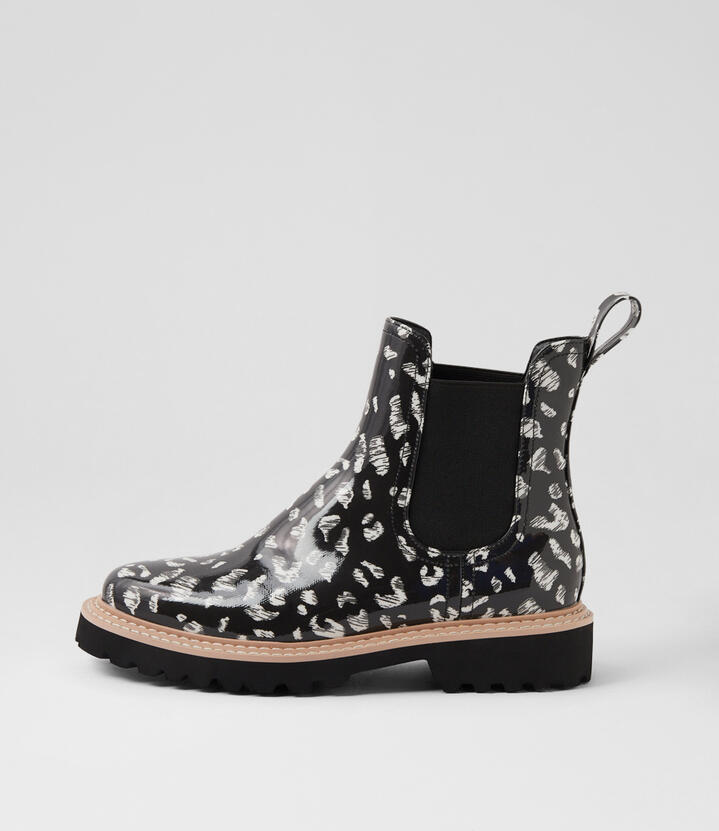 Gummie Black White Leopard Gumboot Chelsea Boots