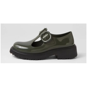 Jackie Black Green Pvc Flat Shoes