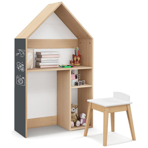 Kids House Shaped Table And Chair Set With Storage And Blackboard