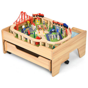 Kids Wooden Train Track Railway Set Table With 100 Multicolor Pieces
