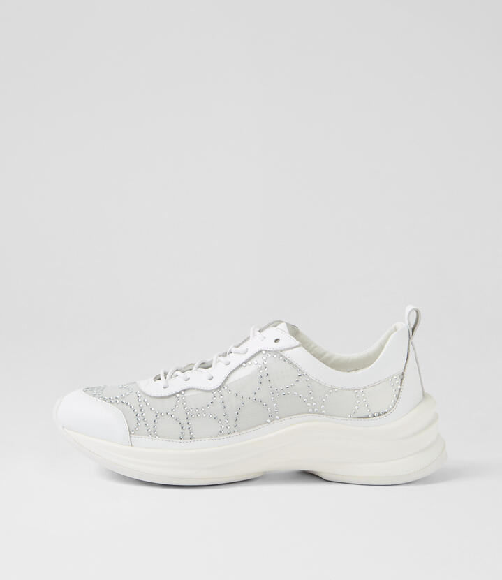Kiver White Silver Jewels Leather Mesh Sneakers