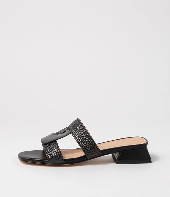 Lorelei Black Leather Raffia Sandals