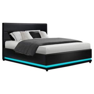 Lumi Led Bed Frame Pu Leather Gas Lift Storage Black Queen