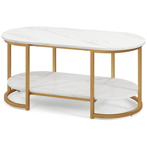 Marble Coffee Table Modern 2 Tier Center Table With Open Storage Shelf