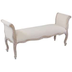 Oak Wood Linen Fabric Beige White Washed Finish Bench Chair