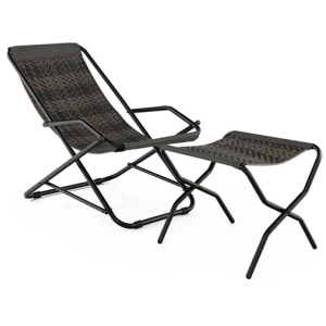Outdoor Pe Wicker Folding Sling Chair With Armrests And Metal Frame
