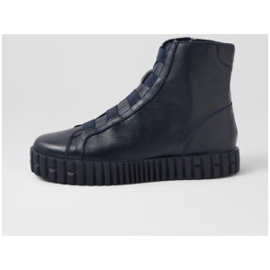 Ozippa Navy Leather Elastic Lace Up Boots