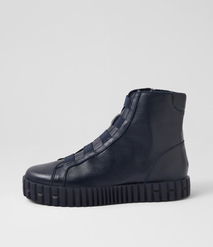Ozippa Navy Leather Elastic Lace Up Boots