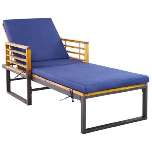 Patio Chaise Lounge Chair With Acacia Wood With Armrests For Poolside