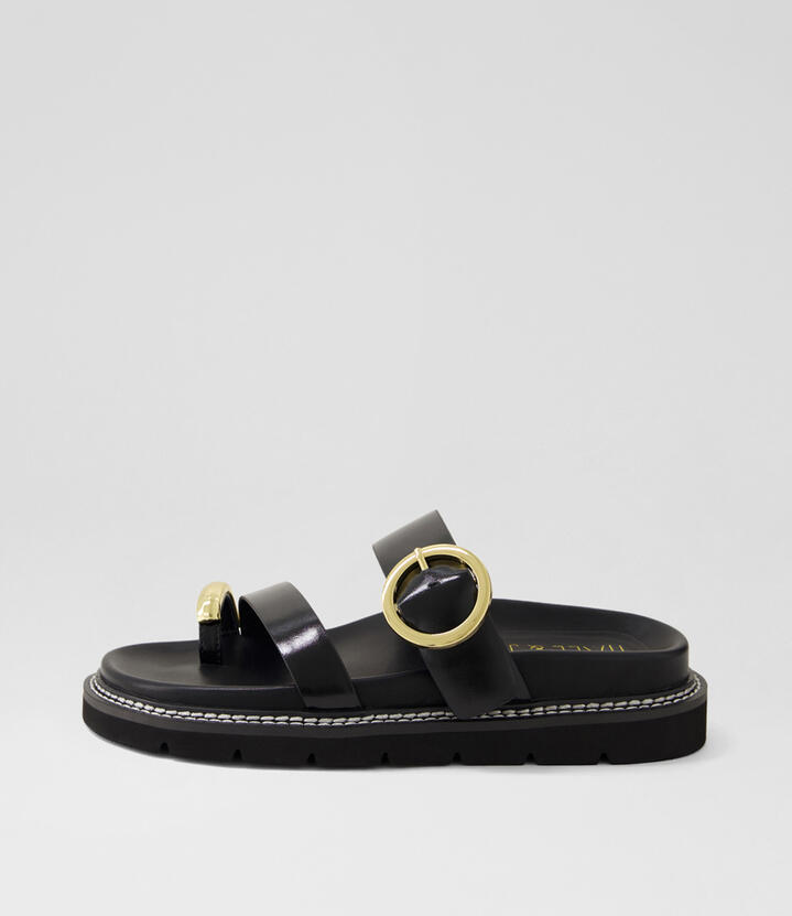 Polished Black Leather Slides