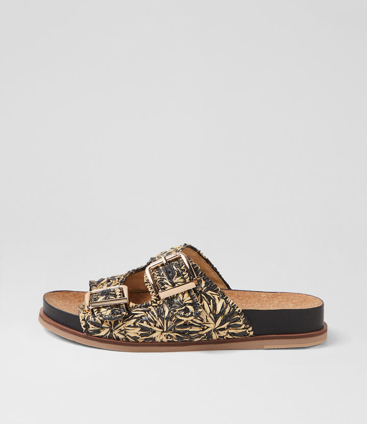 Qarina Black Natural Synthetic Raffia Slides