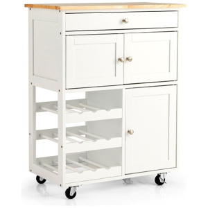 Rolling Kitchen Cart With 3 Tier Wine Racks And Cupboards White