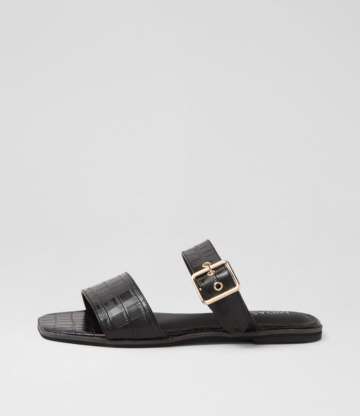 Roven Black Croc Leather Slides