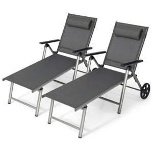 Set Of 2 Aluminum Chaise Lounge Chair With Wheels And Backrest