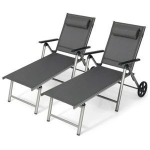 Set Of 2 Aluminum Chaise Lounge Chair With Wheels And Backrest