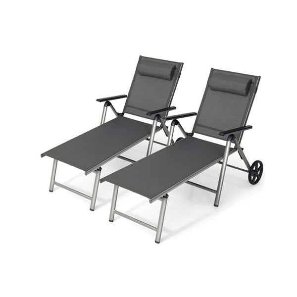 Set Of 2 Aluminum Chaise Lounge Chair With Wheels And Backrest