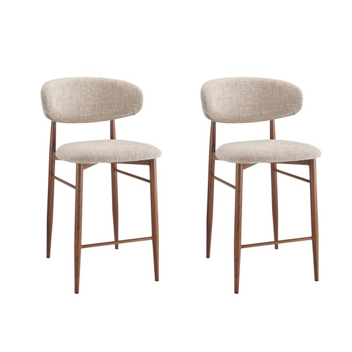 Set Of 2 Wirrin Fabric Cushioned Kitchen Counter Bar Stools Wooden Frame Beige