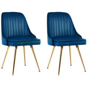 Set of 2 Blue Velvet Dining Chairs With Metal Legs