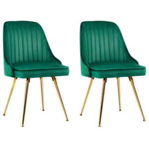 Set of 2 Green Velvet Dining Chairs With Metal Legs