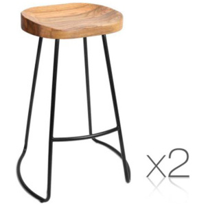 Set of 2 Steel Barstools with Wooden Seat Natural