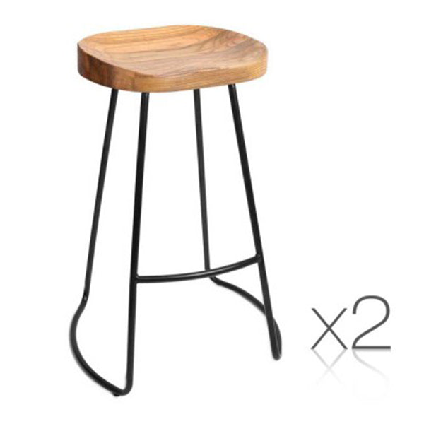 Set of 2 Steel Barstools with Wooden Seat Natural