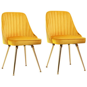 Set of 2 Yellow Velvet Dining Chairs With Metal Legs