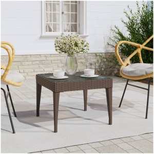 Side Table Brown 50x50x38 cm Poly Rattan and Tempered Glass