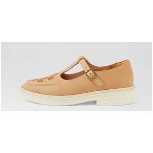 T Bar Rise Soft Tan Leather Flat Shoes