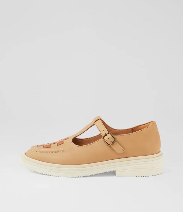 T Bar Rise Soft Tan Leather Flat Shoes