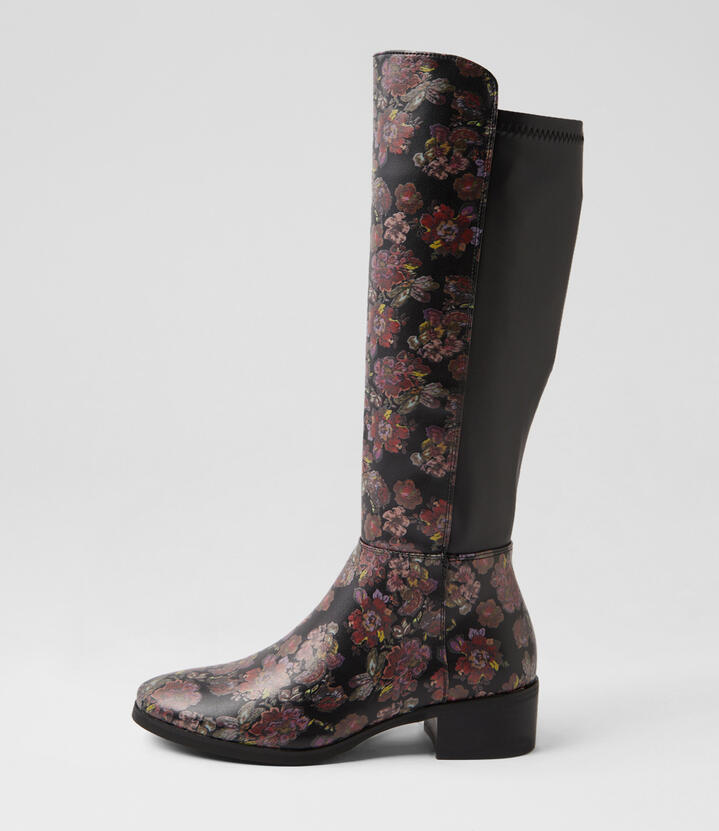 Telli2 Black Floral Stretch Knee High Boots