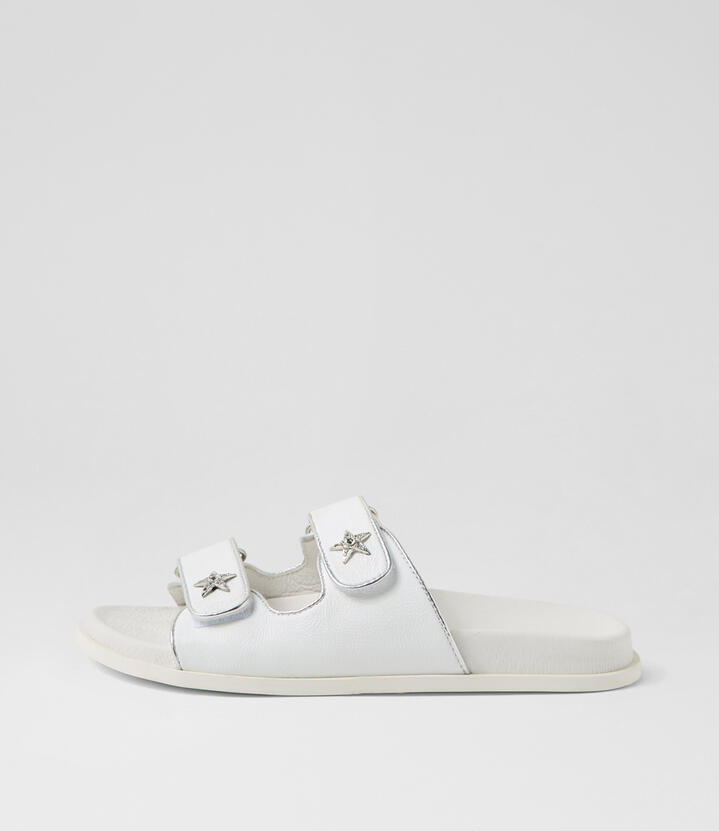 Toloo White Silver Leather Slides