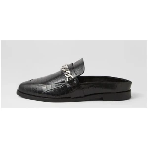 Tuesday Chain Black Croc Silver Leather Flat Shoes