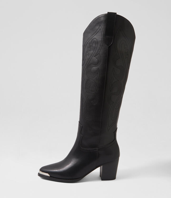 Western Black Leather Knee High Boots