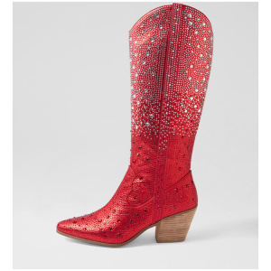 Westyn Red Silver Ombre Jewel Fabric Knee High Boots