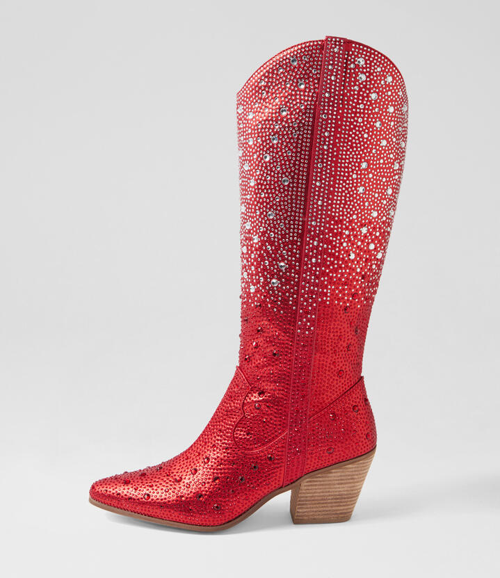 Westyn Red Silver Ombre Jewel Fabric Knee High Boots