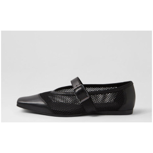 Wioletta Mesh Black Leather Flat Shoes