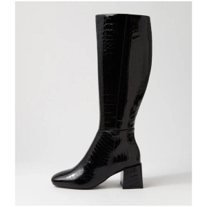 Wolf Black Croc Embossed Knee High Boots