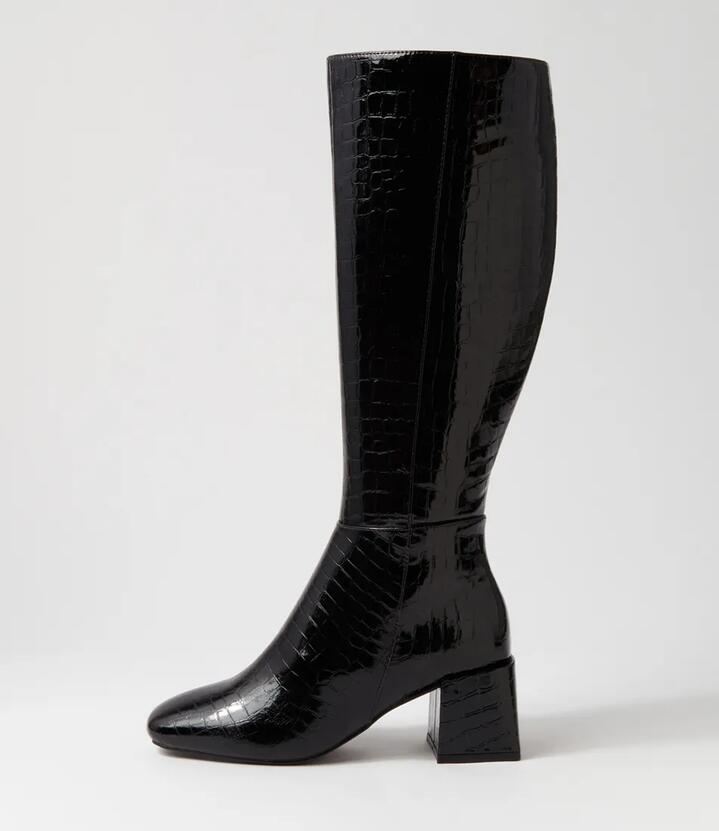 Wolf Black Croc Embossed Knee High Boots
