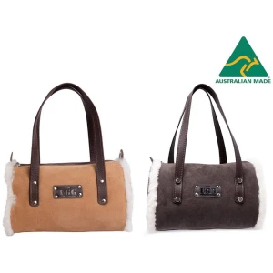 Women Sheepskin Wool Medium Hand Carry Shoulder Strap Zip Barrel Bag - Chestnut / One Size