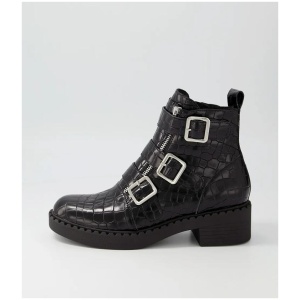 Xantha Black Shine Croc Leather Ankle Boots