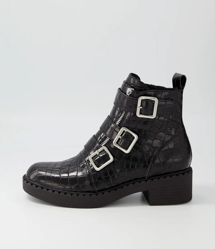 Xantha Black Shine Croc Leather Ankle Boots