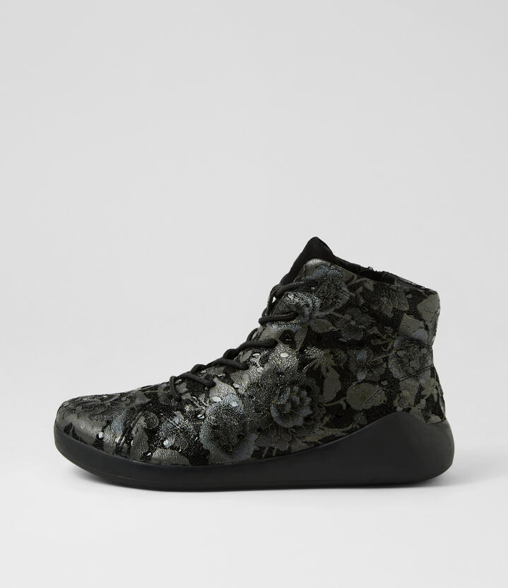 Yorkers Xw Black Grey Print Leather Suede Lace Up Boots
