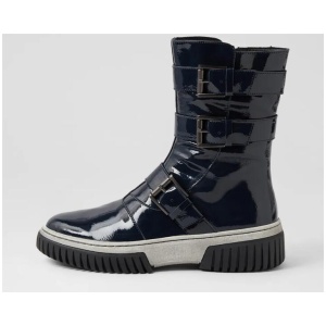 Yuma Navy White Black Patent Ankle Boots