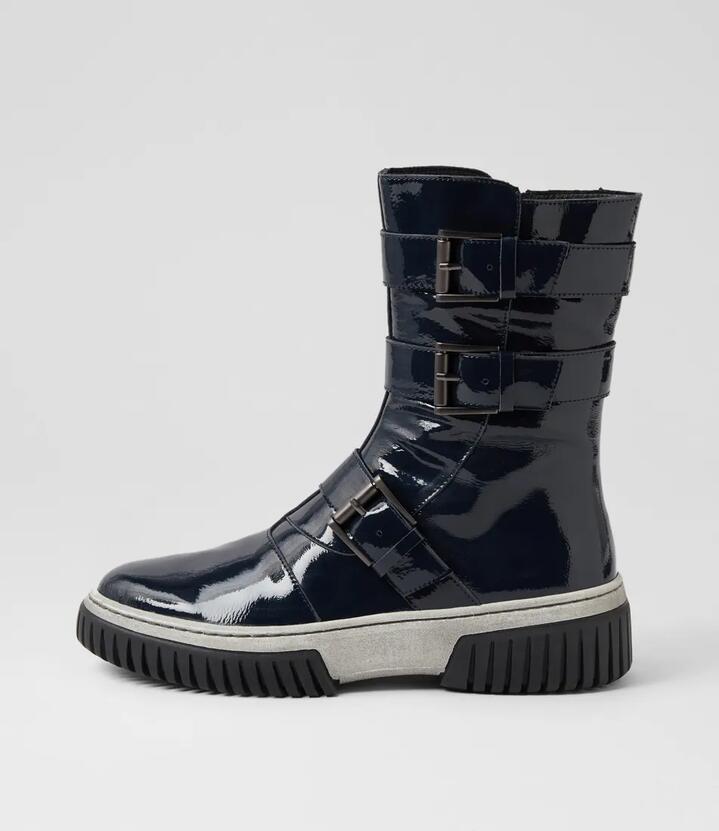 Yuma Navy White Black Patent Ankle Boots