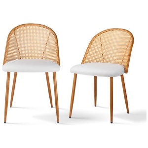 2x Dining Chairs Curved Rattan Side Pu Leather Padded Seat Metal Legs